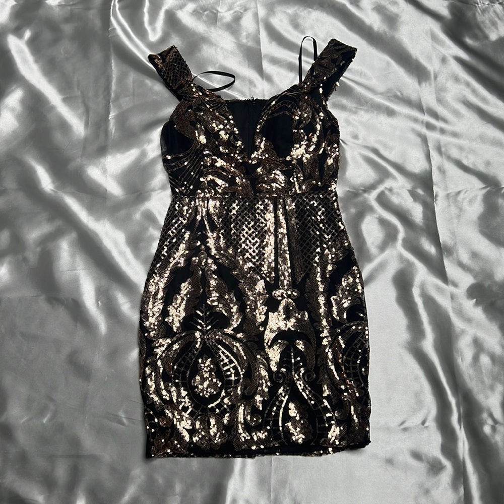 Trac black and gold sequin dress small petite